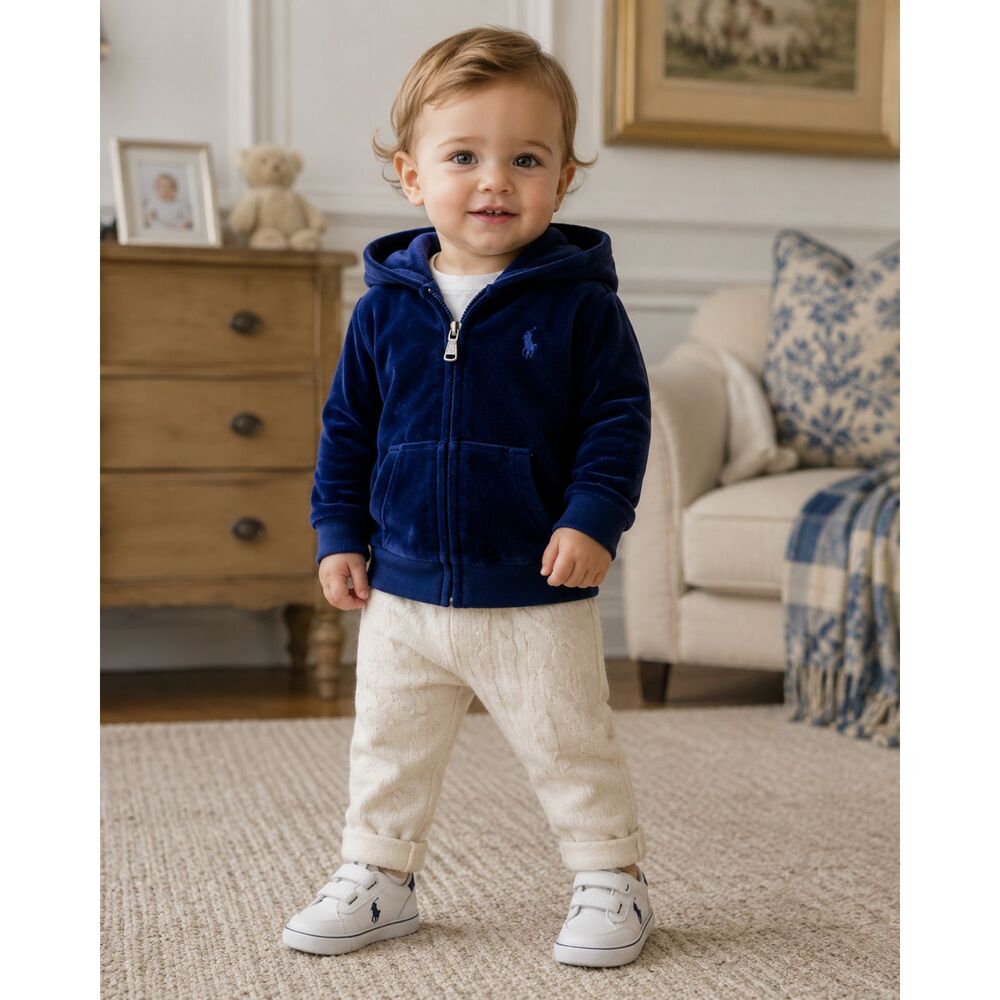 Ralph Lauren Blue Velvet Full Zip Hoodie Top  Baby Size 18 Months